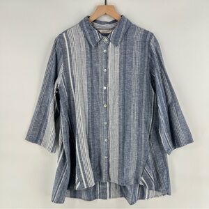 Soft Surroundings Livienne Linen Shirt Blue Stripe Button Front Coastal